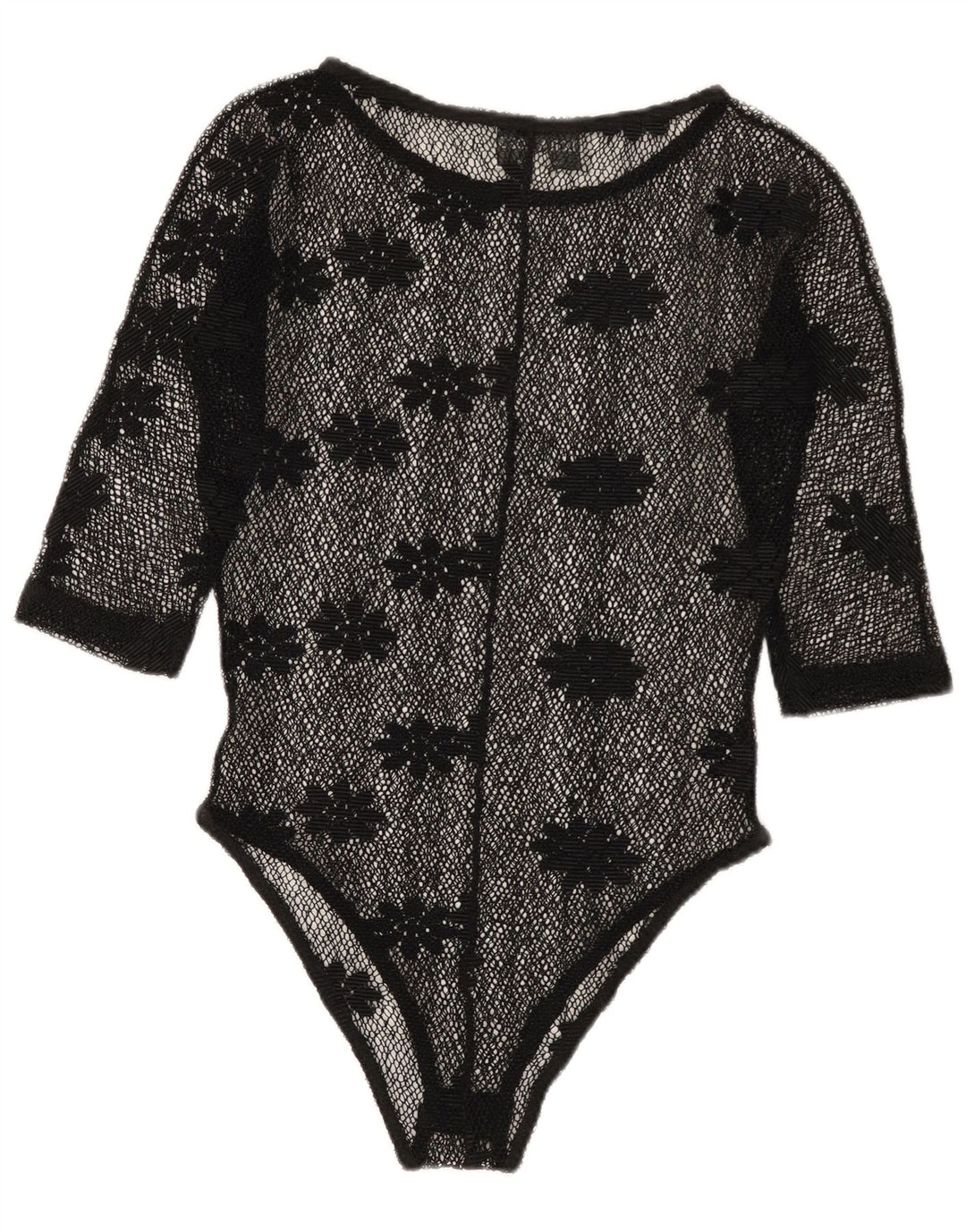 Vintage Damen Durchsichtiger Spitzen-Body IT 42 Mittelschwarz geblümt