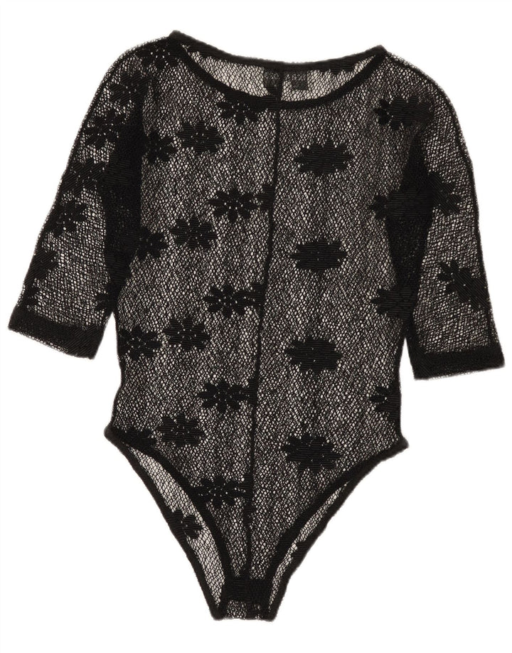 Vintage Damen Durchsichtiger Spitzen-Body IT 42 Mittelschwarz geblümt