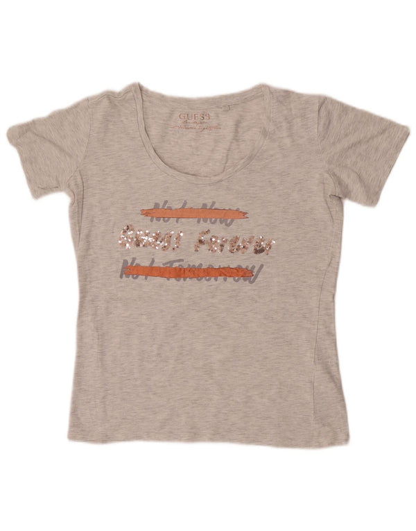 Guess Grafik-T-Shirt-Oberteil für Damen, UK 12, mittelgrau gefleckte Baumwolle