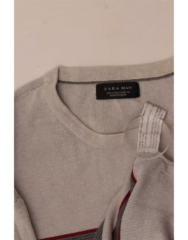 Zara Herren-Pullover mit Rundhalsausschnitt, klein, grau gestreift, Baumwolle