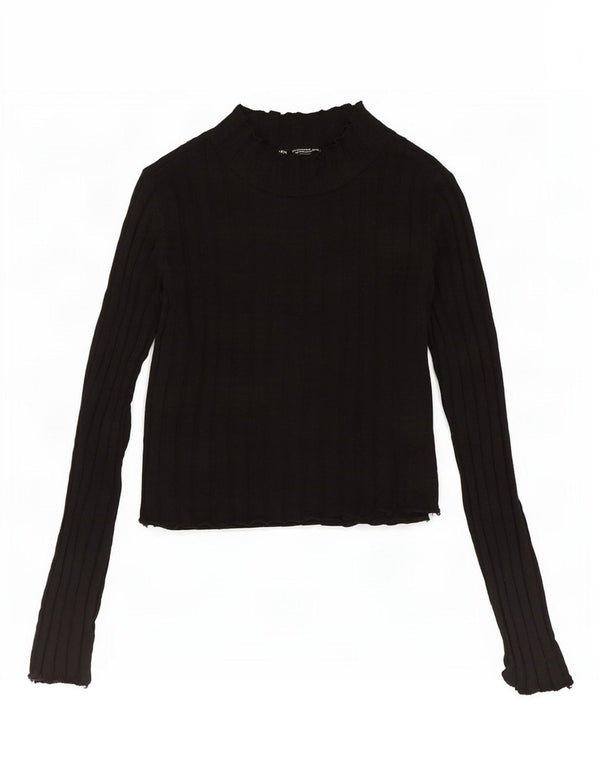 Zara Damen Crop Turtle Neck Pullover Pullover UK 14 Große schwarze Baumwolle