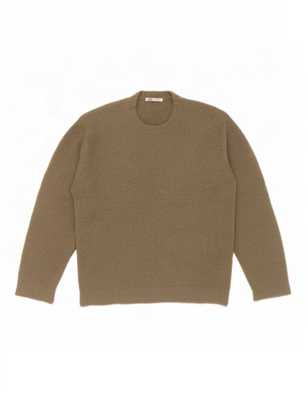 Zara Mens Crew Neck Jumper Sweater Medium Khaki Acrylic