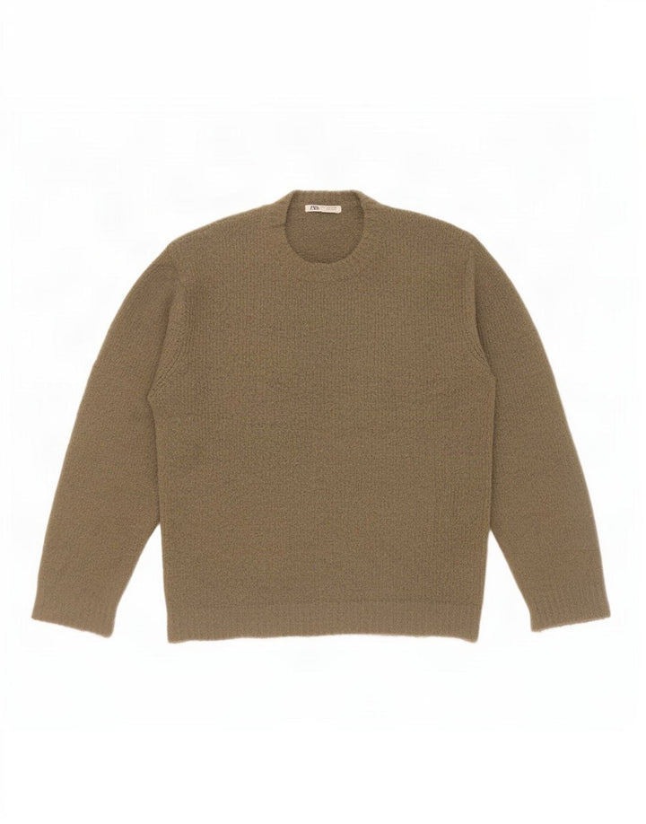 Zara Herren-Pullover mit Rundhalsausschnitt, mittelgroßes Khaki-Acryl