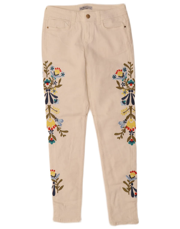 Zara Damen Graphic Skinny Jeans EU 36 XS W26 L28 Weiß geblümt