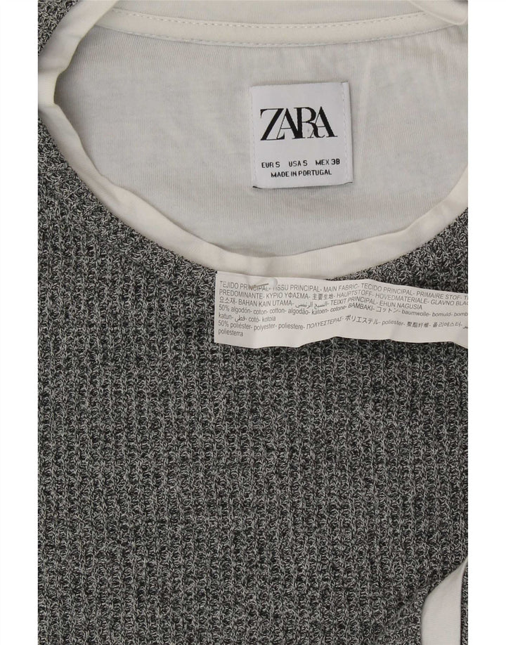 Zara Herren-Oberteil, langärmelig, klein, grau gefleckte Baumwolle