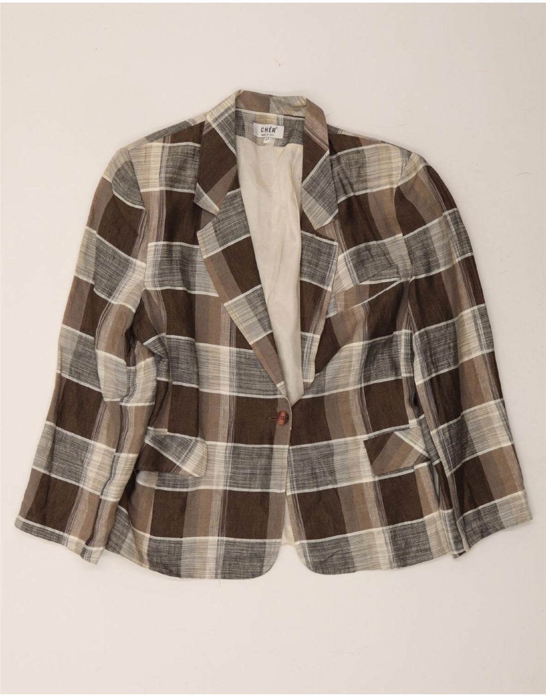 VINTAGE Womens 1 Button Blazer Jacket IT 48 XL Brown Check Linen Vintage Vintage and Second-Hand Vintage from Messina Hembry 