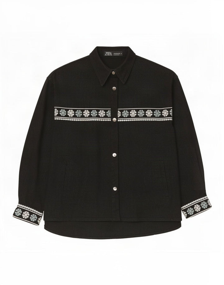 Zara Damen-Oversize-Hemd UK 14 Mittelschwarze geometrische Baumwolle