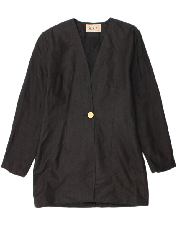 Vintage Damen Longline 1 Knopf Blazer Jacke UK 14 Mittelschwarzes Leinen