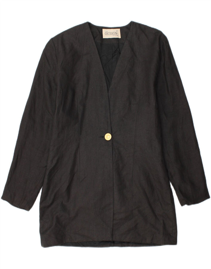 Vintage Damen Longline 1 Knopf Blazer Jacke UK 14 Mittelschwarzes Leinen