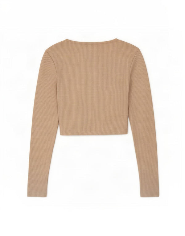 Zara Damen Crop Top Langarm UK 8 Small Beige Polyester