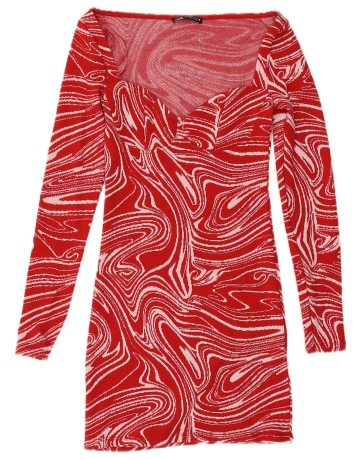 Zara Damen-Kleid mit abstraktem Muster, langärmelig, figurbetont, Gr. 8, Rot