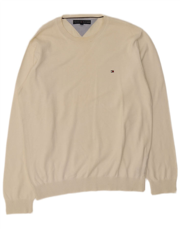Tommy Hilfiger Herren-Pullover mit Rundhalsausschnitt, groß, aus weißer Baumwolle