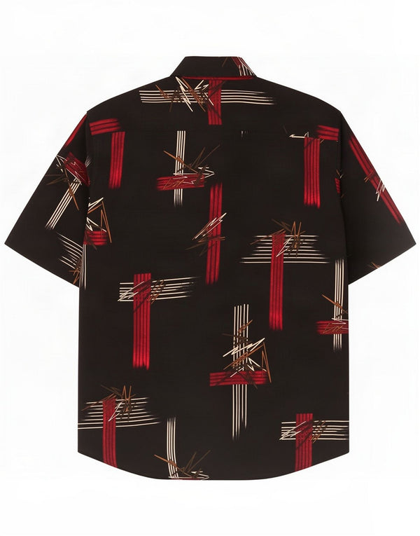 Vintage Herren-Kurzarmhemd mit abstraktem Muster, groß, schwarze Seide