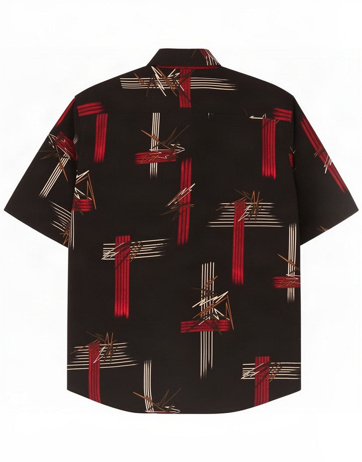 Vintage Herren-Kurzarmhemd mit abstraktem Muster, groß, schwarze Seide