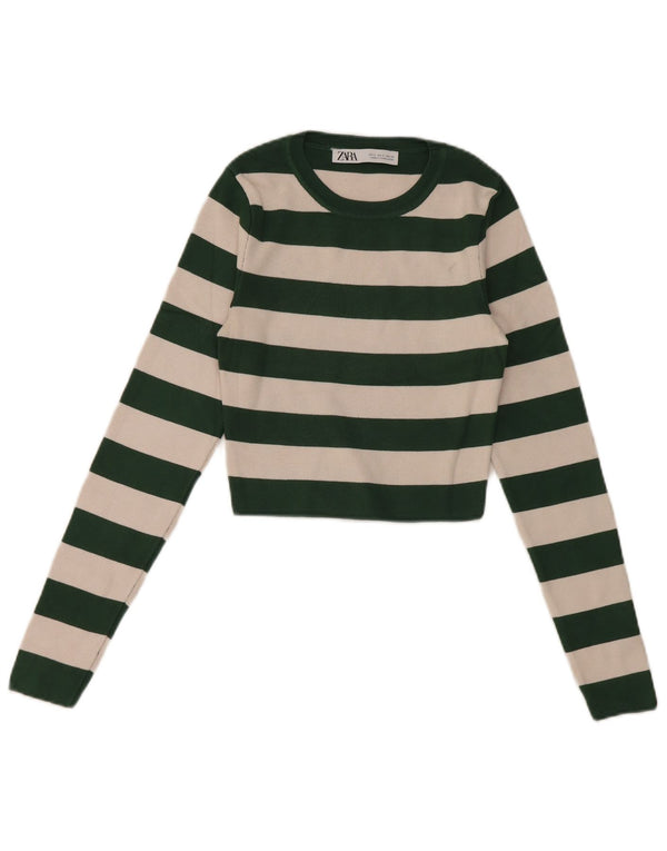 Zara Damen Crop Top Langarm UK 8 Small Grün gestreifte Viskose