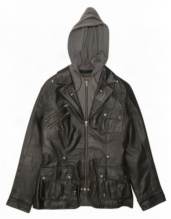 Conbipel Damen Leder-Utility-Jacke mit Kapuze IT 42 Medium Schwarz