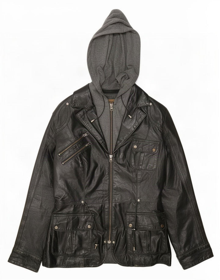 Conbipel Damen Leder-Utility-Jacke mit Kapuze IT 42 Medium Schwarz
