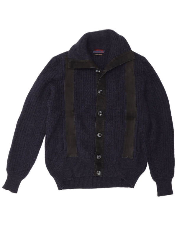 Vintage Herren-Cardigan-Pullover IT 48 Medium Navy Blue Colourblock Camelhair