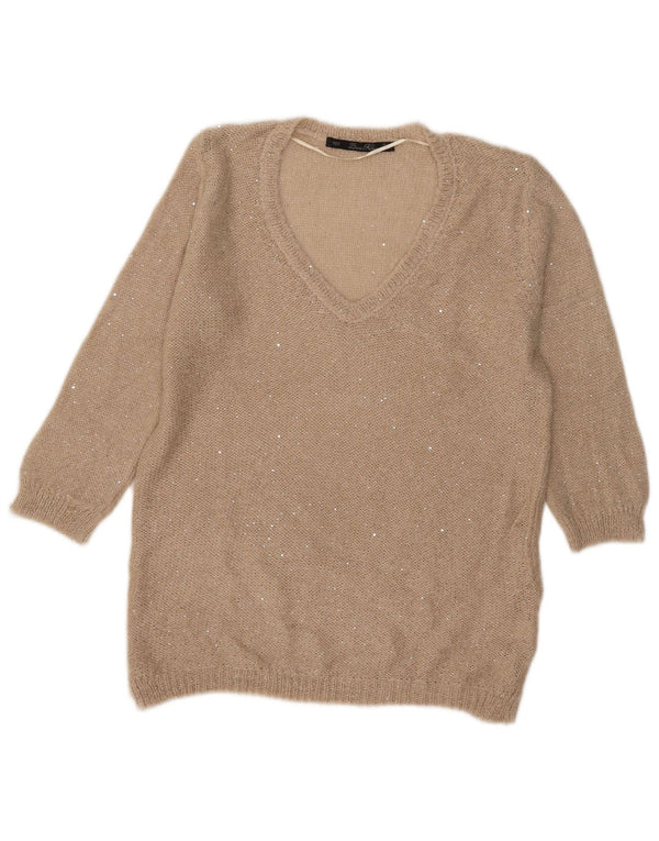 Zara Womens 3/4 Sleeve V-Neck Jumper Sweater UK 16 Large Beige Polyester