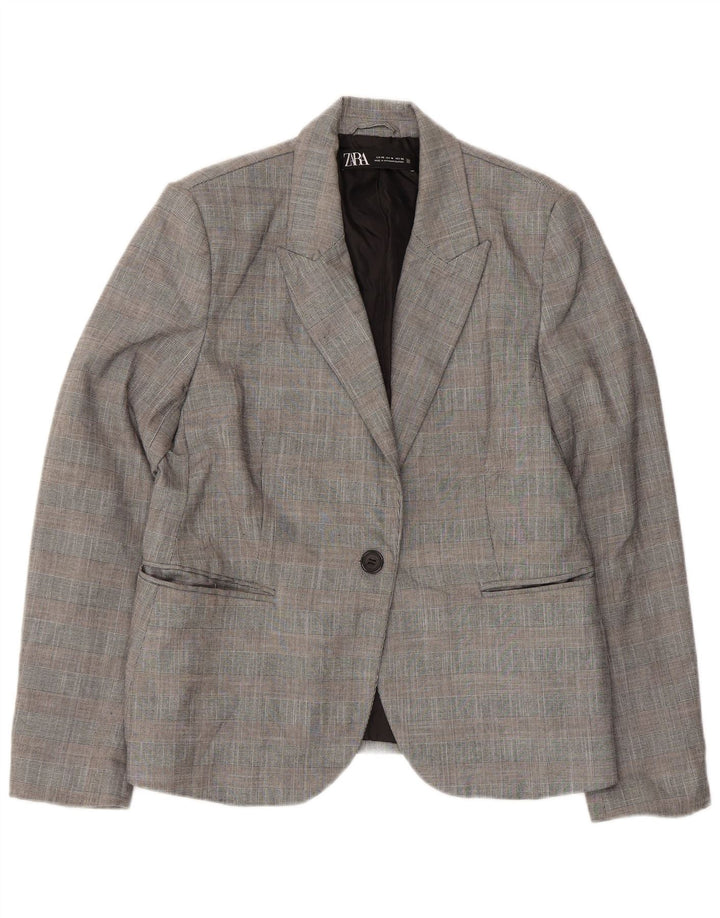 Zara Damen-Blazerjacke mit 1 Knopf, EU 42, großes grau kariertes Polyester