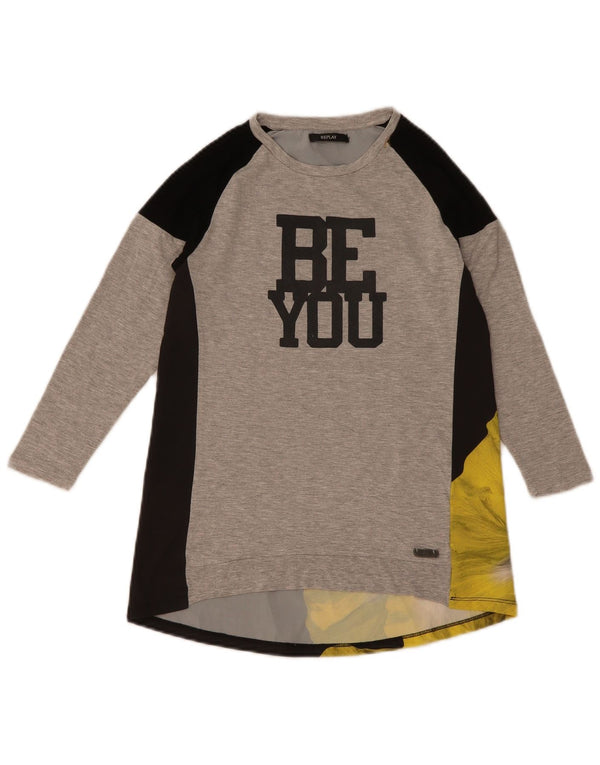 Replay Grafik-Oberteil für Mädchen, langärmlig, 7–8 Jahre, graue Farbblock-Viskose