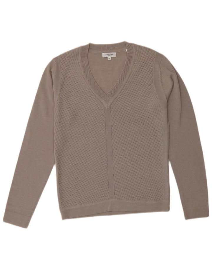 CALVIN KLEIN Damen Golf-Pullover mit V-Ausschnitt, Gr. 10, kleine beige Wolle
