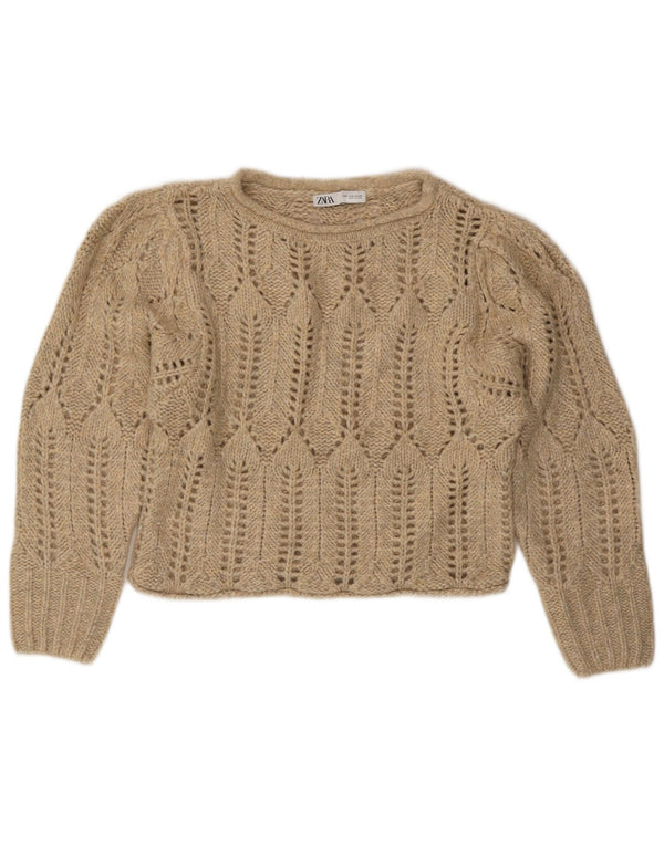 ZARA Damen Crop See Through Pullover mit U-Boot-Ausschnitt UK 14 Mittelbeige