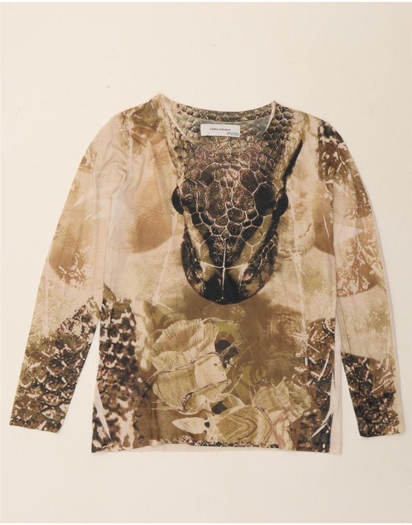 Zara Womens Graphic Top Langarm UK 16 Large Beige Animal Print