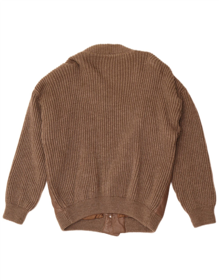 Vintage Herren Leder Cardigan Pullover Große braune Wolle