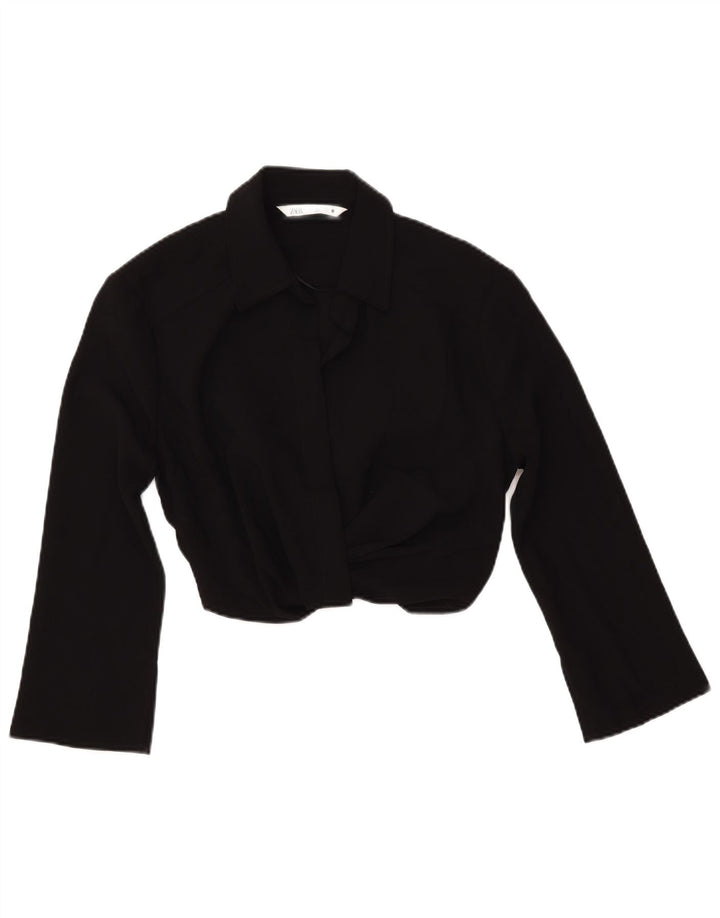 ZARA Damen Crop 3/4-Ärmel-Hemdbluse UK 10 Small Schwarz Polyester