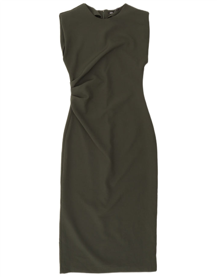 Zara Damen Ärmelloses Etuikleid UK 12 Mittel Khaki Polyester