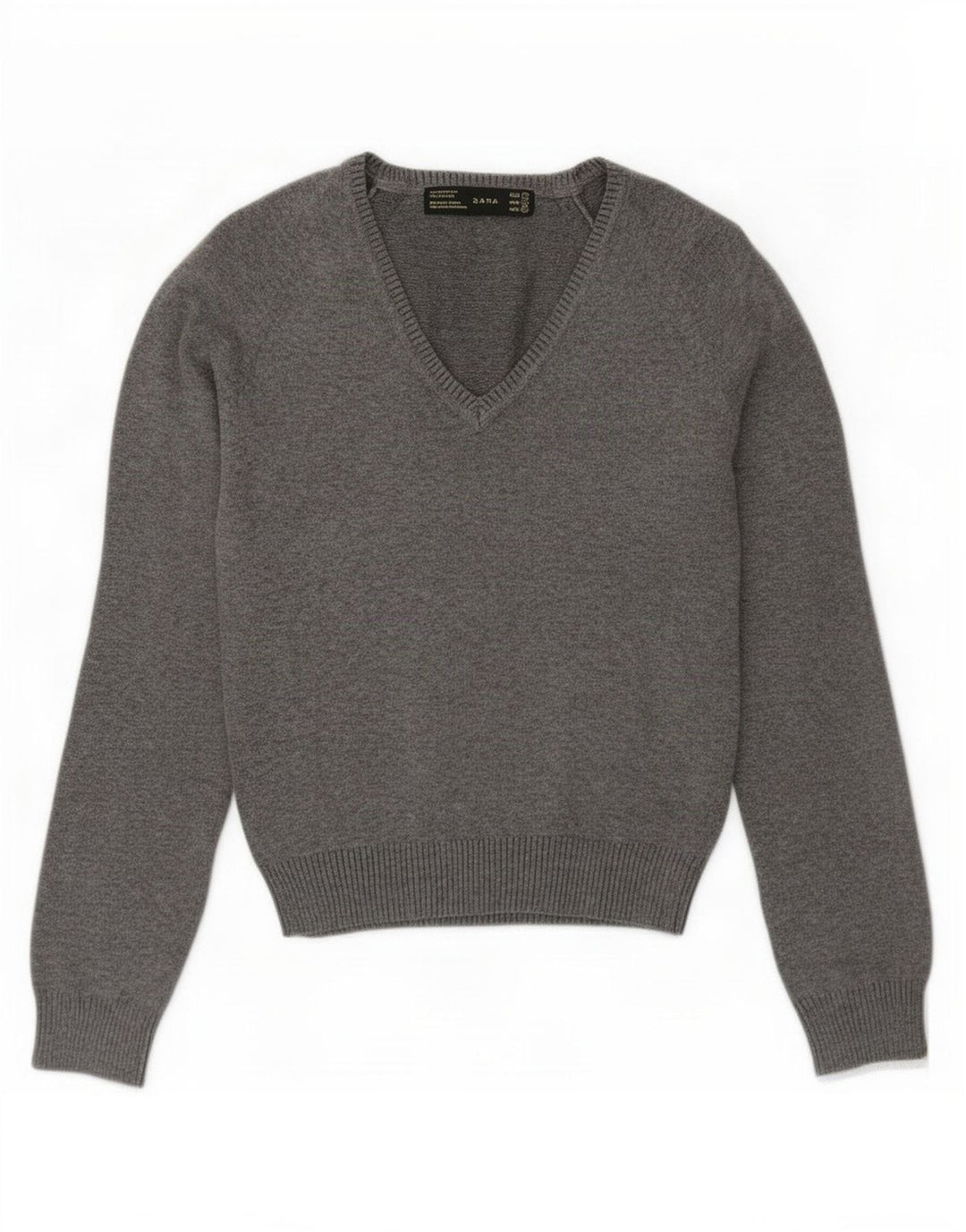 Zara Damen-Pullover mit V-Ausschnitt, Größe S, graue Baumwolle