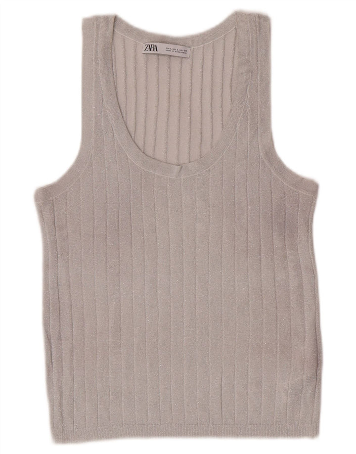 Zara Damen Weste Top UK 14 Large Silber meliert Viskose
