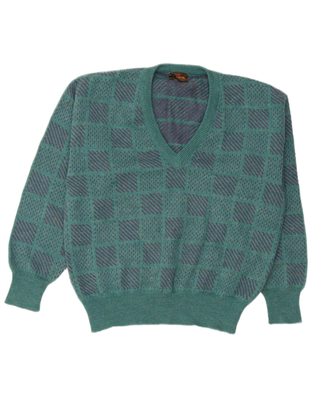 Peter Brown Herren-Pullover mit V-Ausschnitt IT 50 Mittelgrüne geometrische Wolle