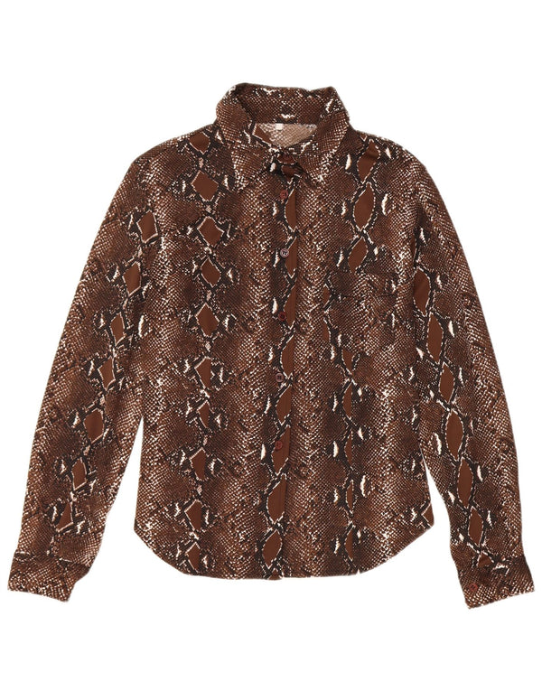 Vintage Damen Hemdbluse UK 12 Mittelbraunes Polyester mit Animal-Print