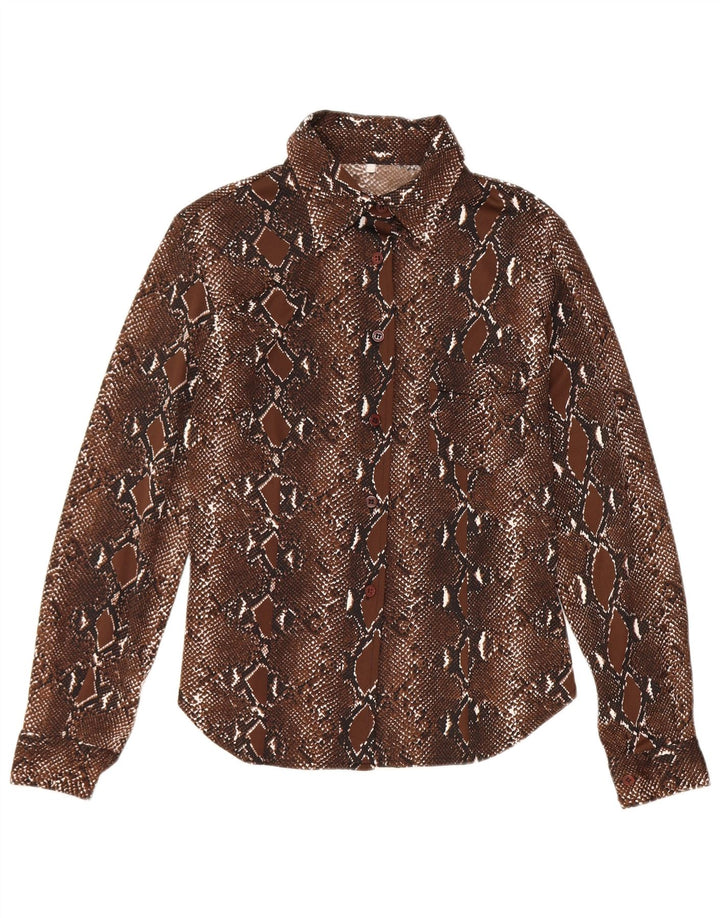 Vintage Damen Hemdbluse UK 12 Mittelbraunes Polyester mit Animal-Print