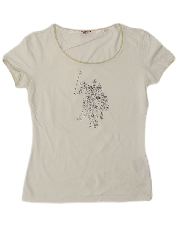 U.S. Polo Assn. Damen-T-Shirt mit Grafik, UK 10, Größe S, weiße Baumwolle