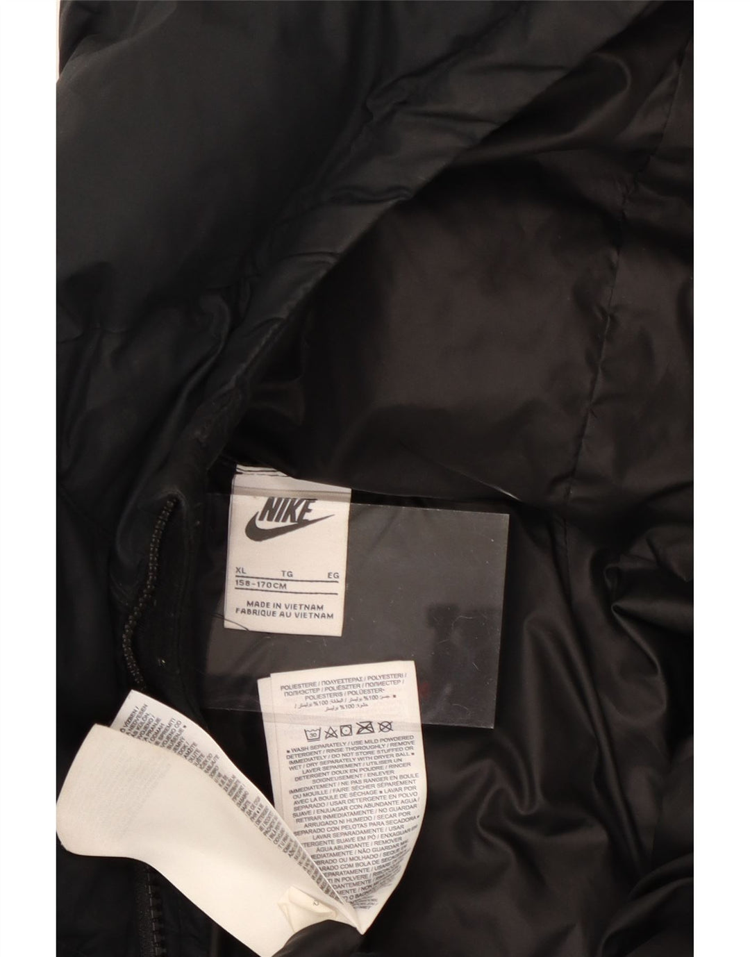 NIKE Wattierte Jungenjacke mit Kapuze, 13–14 Jahre, XL, schwarzes Polyester