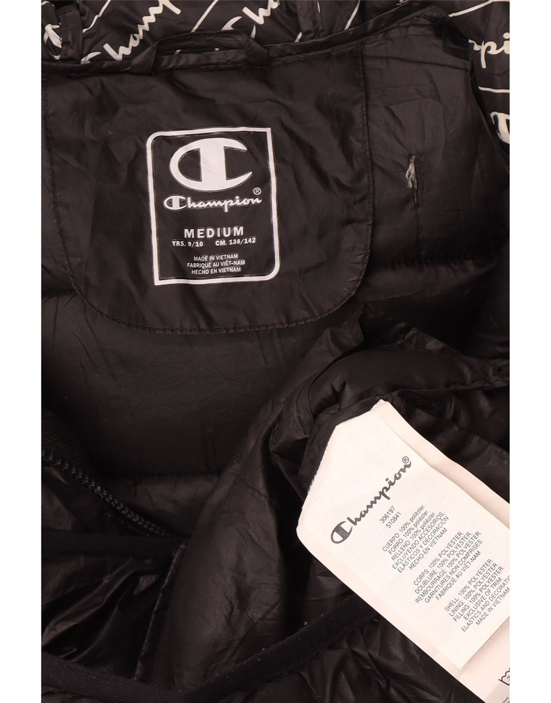 Champion Wattierte Jacke mit Kapuze für Jungen, 9–10 Jahre, Mittelschwarzes Polyester