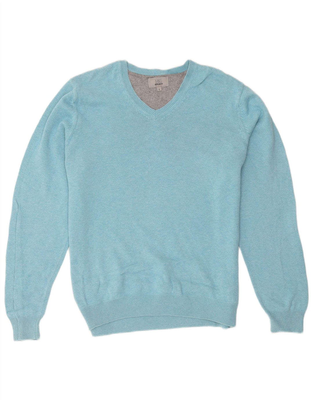 Marks & Spencer Herren-Pullover, reguläre Passform, V-Ausschnitt, Größe L, Blau, Baumwolle
