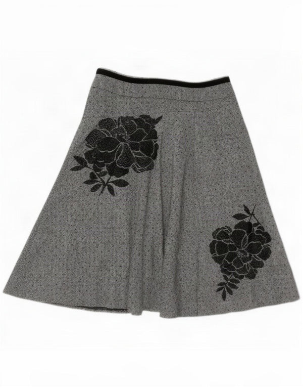 Monsoon Damen A-Linienrock UK 10 Small W28 Grau geblümte Wolle