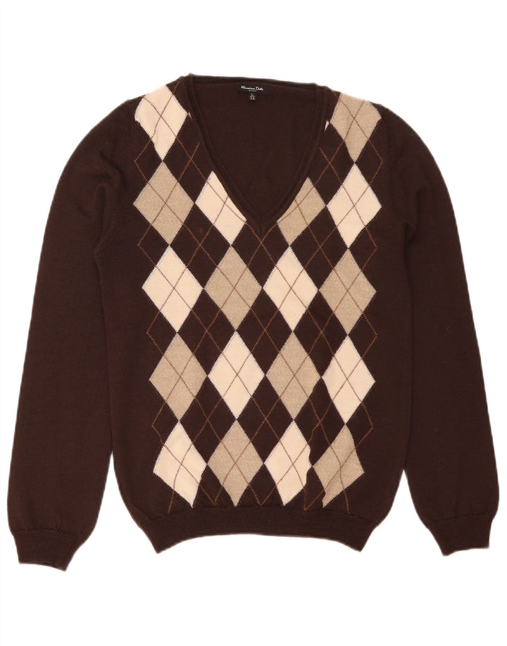 Massimo Dutti Damen-Pullover mit V-Ausschnitt, Gr. 14, Braun, Argyle/Diamant