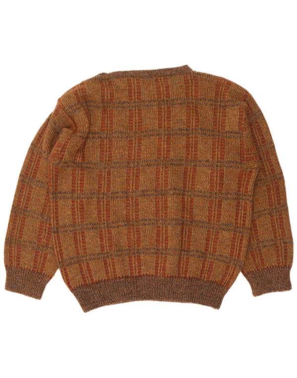 Vintage Herren-Pullover mit U-Boot-Ausschnitt, groß, braun kariert, Acryl