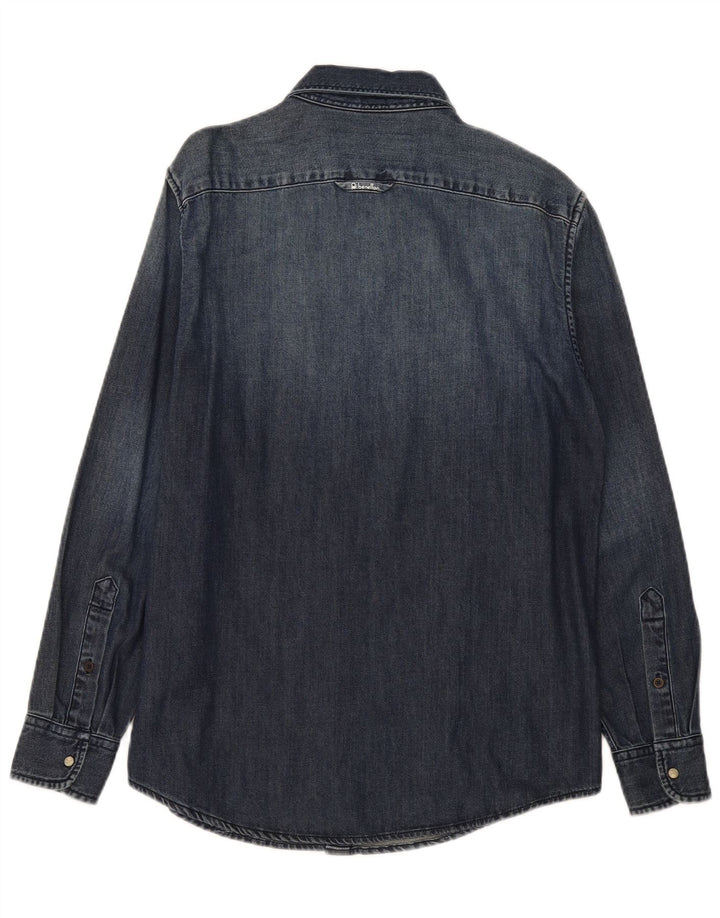 Benetton Herren-Jeanshemd aus mittelblauer Baumwolle in Marineblau