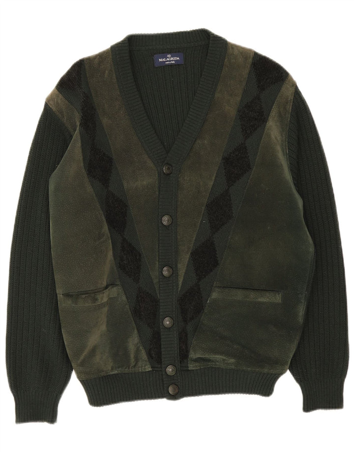 Malagrida Herren-Cardigan-Pullover Mittelgrüne Argyle-/Diamantwolle