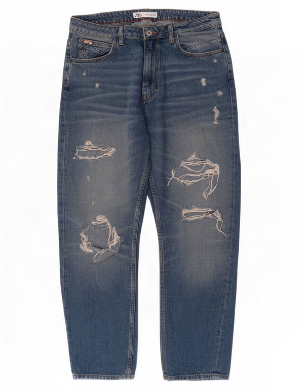 Zara Damen Crop Distressed Tapered Jeans EU 38 Small W28 L26 Blaue Baumwolle