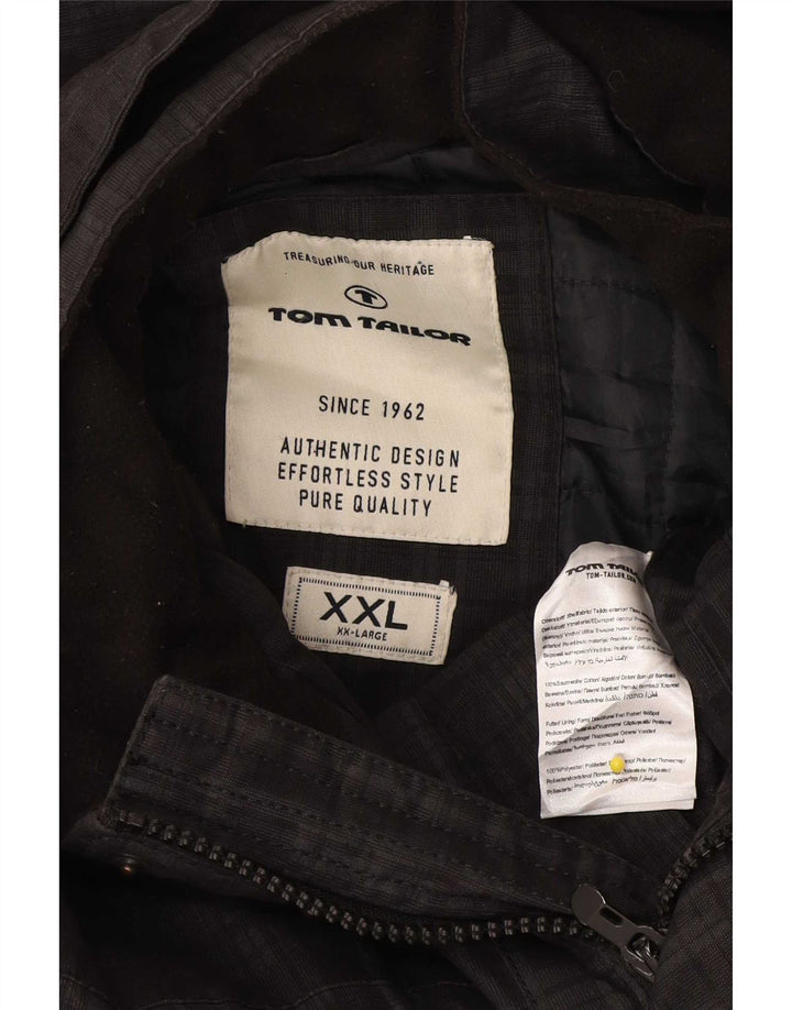 Tom Tailor Herren-Utility-Jacke mit Kapuze, UK 44 2XL, schwarz karierte Baumwolle