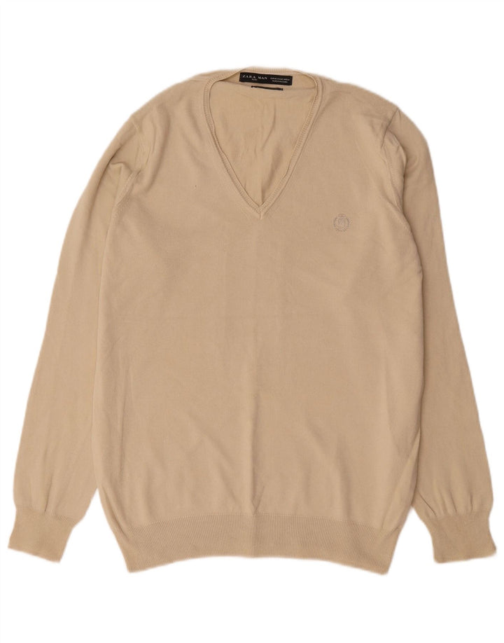 Zara Herren-Pullover mit V-Ausschnitt aus mittelbeiger Baumwolle