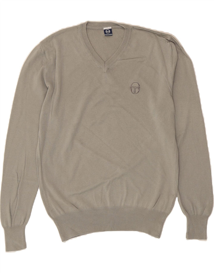 SERGIO TACCHINI Mens V-Neck Jumper Sweater Large Grey Cotton Vintage Sergio Tacchini and Second-Hand Sergio Tacchini from Messina Hembry 