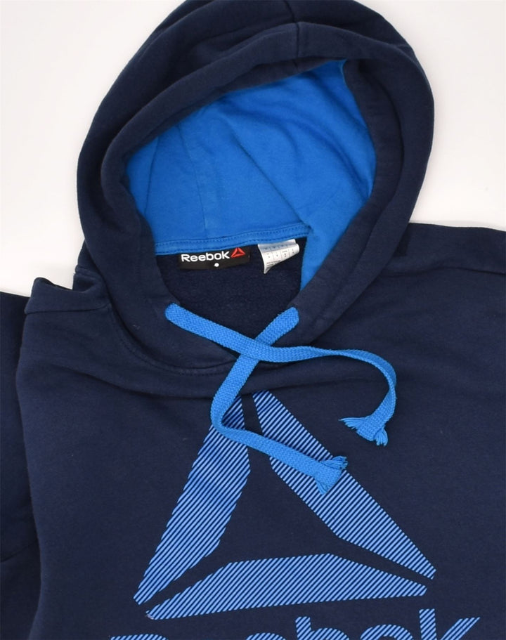 REEBOK Mens Graphic Hoodie Jumper Small Navy Blue Cotton | Vintage Reebok | Thrift | Second-Hand Reebok | Used Clothing | Messina Hembry 